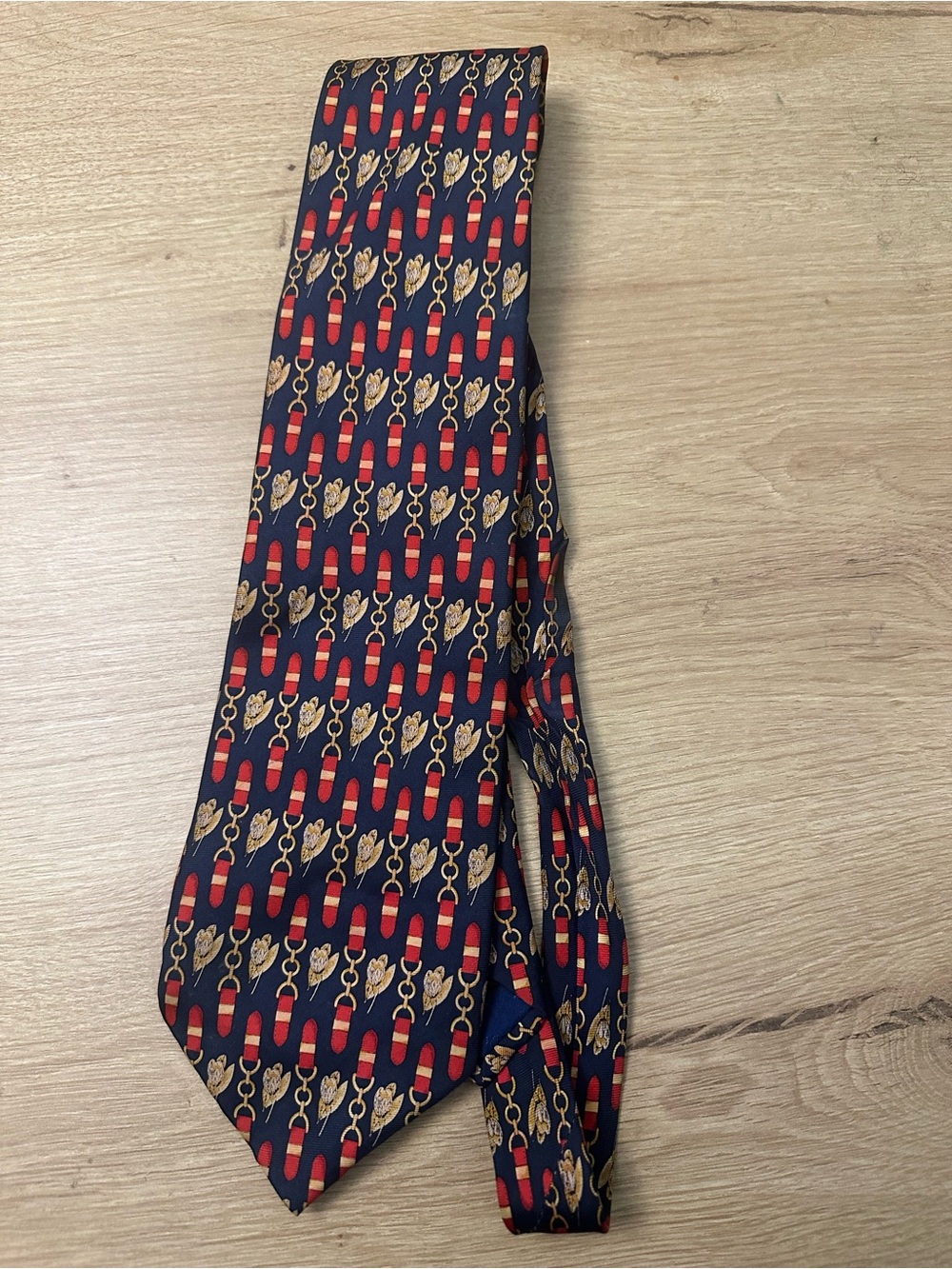 Sandro Men's Navy Tie with Red and Gold Pattern